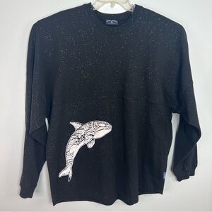 SPIRIT JERSEY SeaWorld Orca Graphic Black Speckled Long Sleeve Top Size L